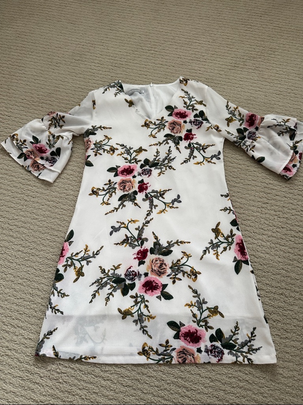 Floral V-Neck White Dress with Pink Rose Print